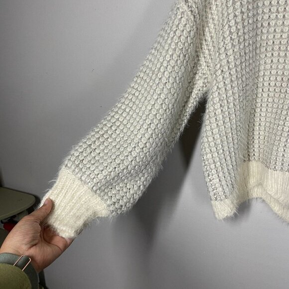 FRNCH Womens Sz S/M Mock Neck Fuzzy Geometric ZigZag Hem Ivory Metallic Sweater - Picture 8 of 9